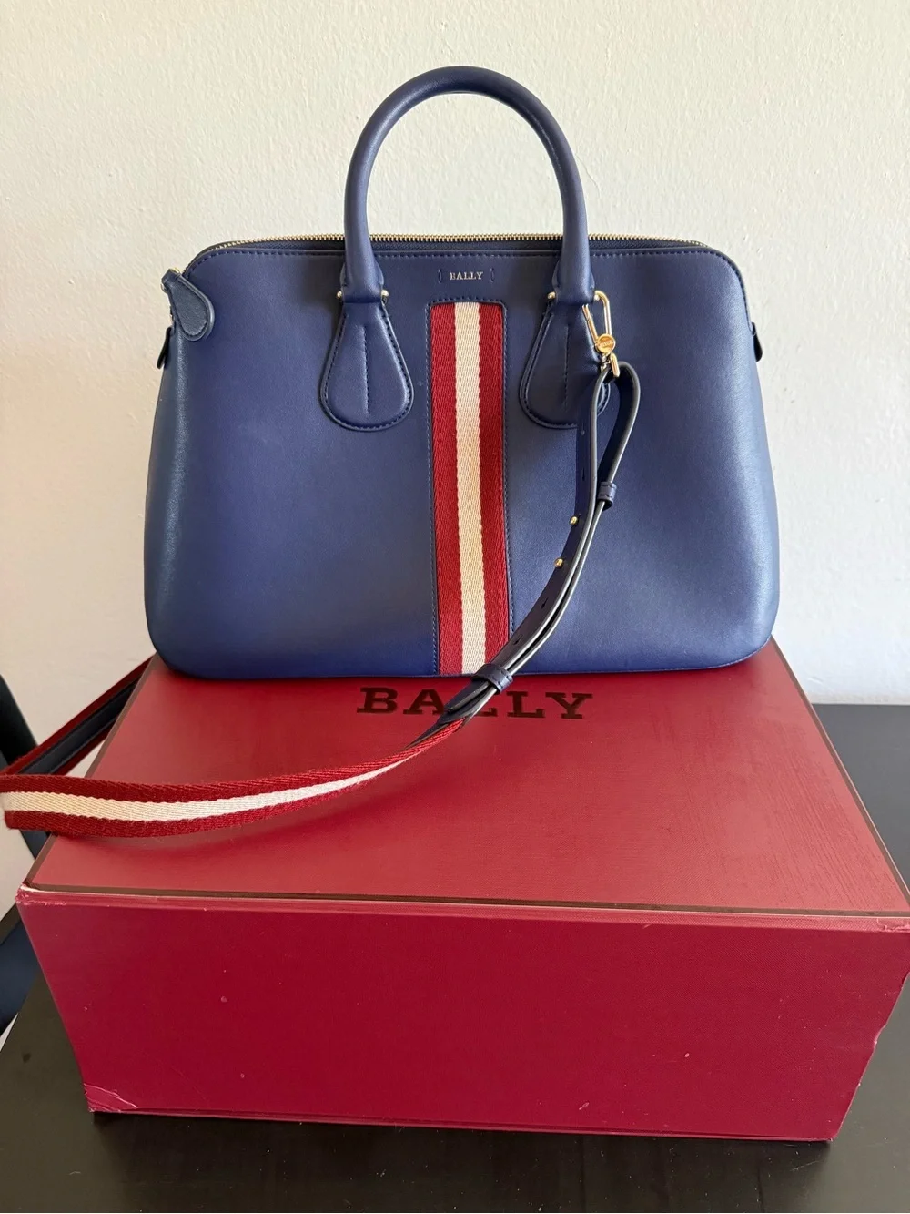 Bally Blue Leather Satchel with Red & Beige Center Stripe
